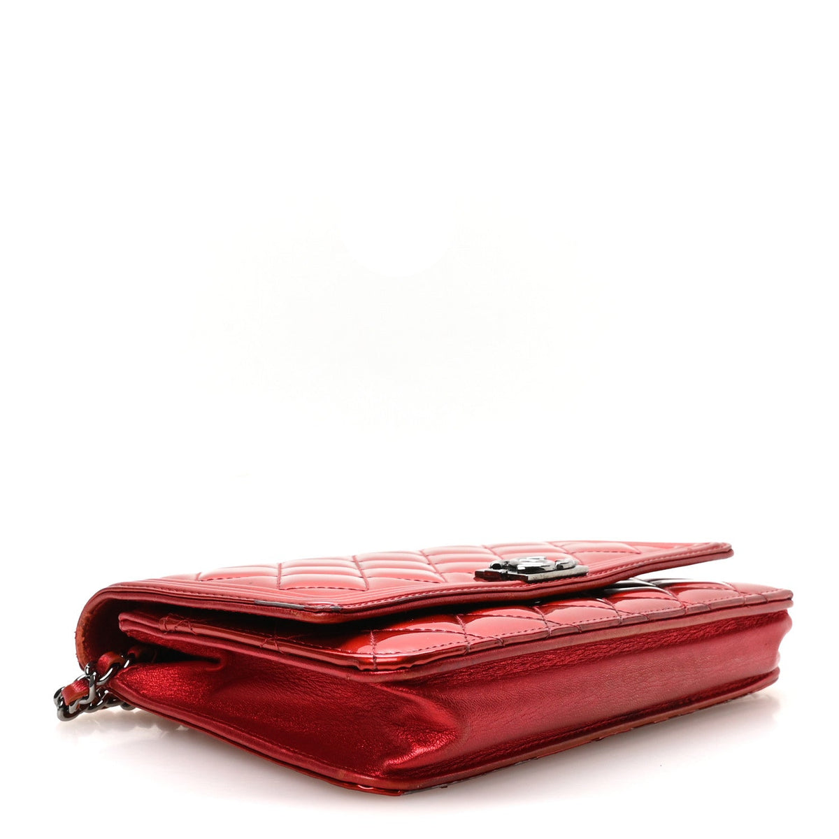Metallic Patent Calfskin Quilted Boy Wallet On Chain WOC Red