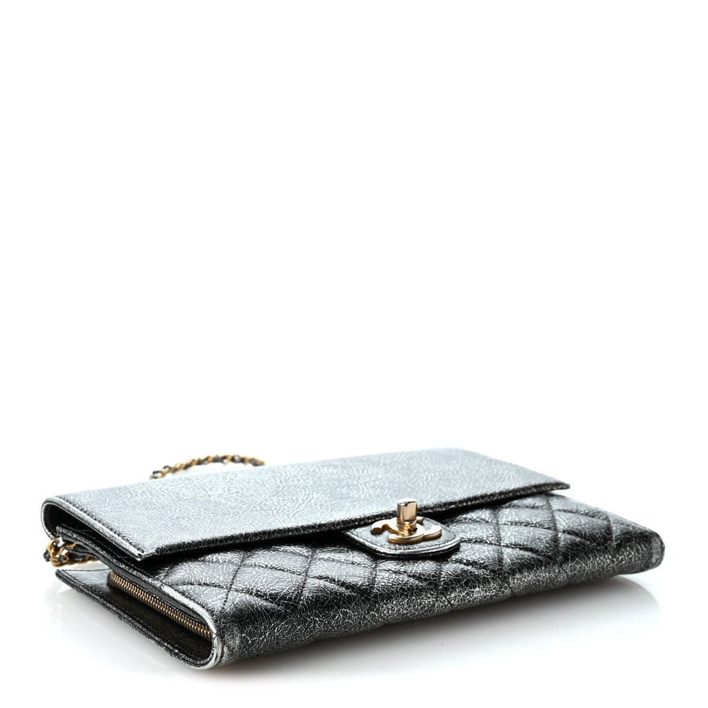 Cracked Metallic Calfskin Quilted Zip Away Chain Clutch Dark Silver
