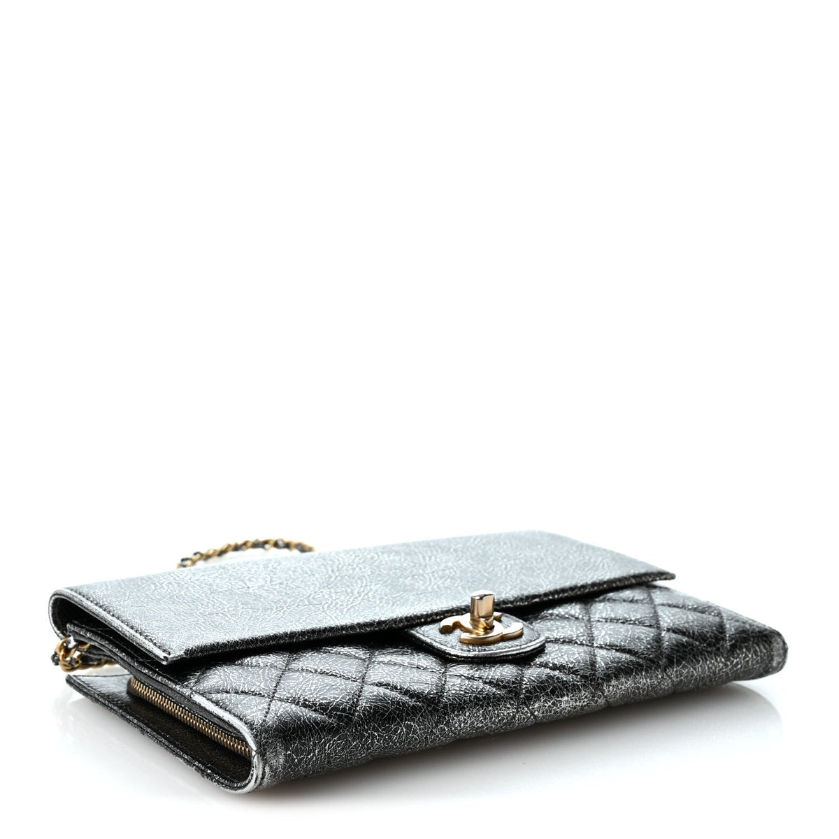 Cracked Metallic Calfskin Quilted Zip Away Chain Clutch Dark Silver