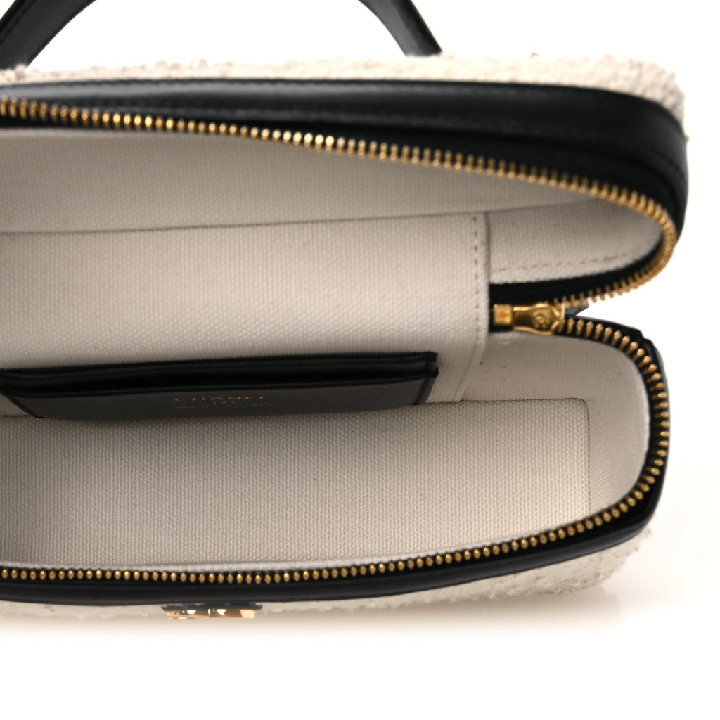 Boucle Calfskin Top Handle Slim Vanity Case With Chain Ecru Black