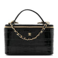 Calfskin Crocodile Embossed Crococo Small Top Handle Vanity Case With Chain Black