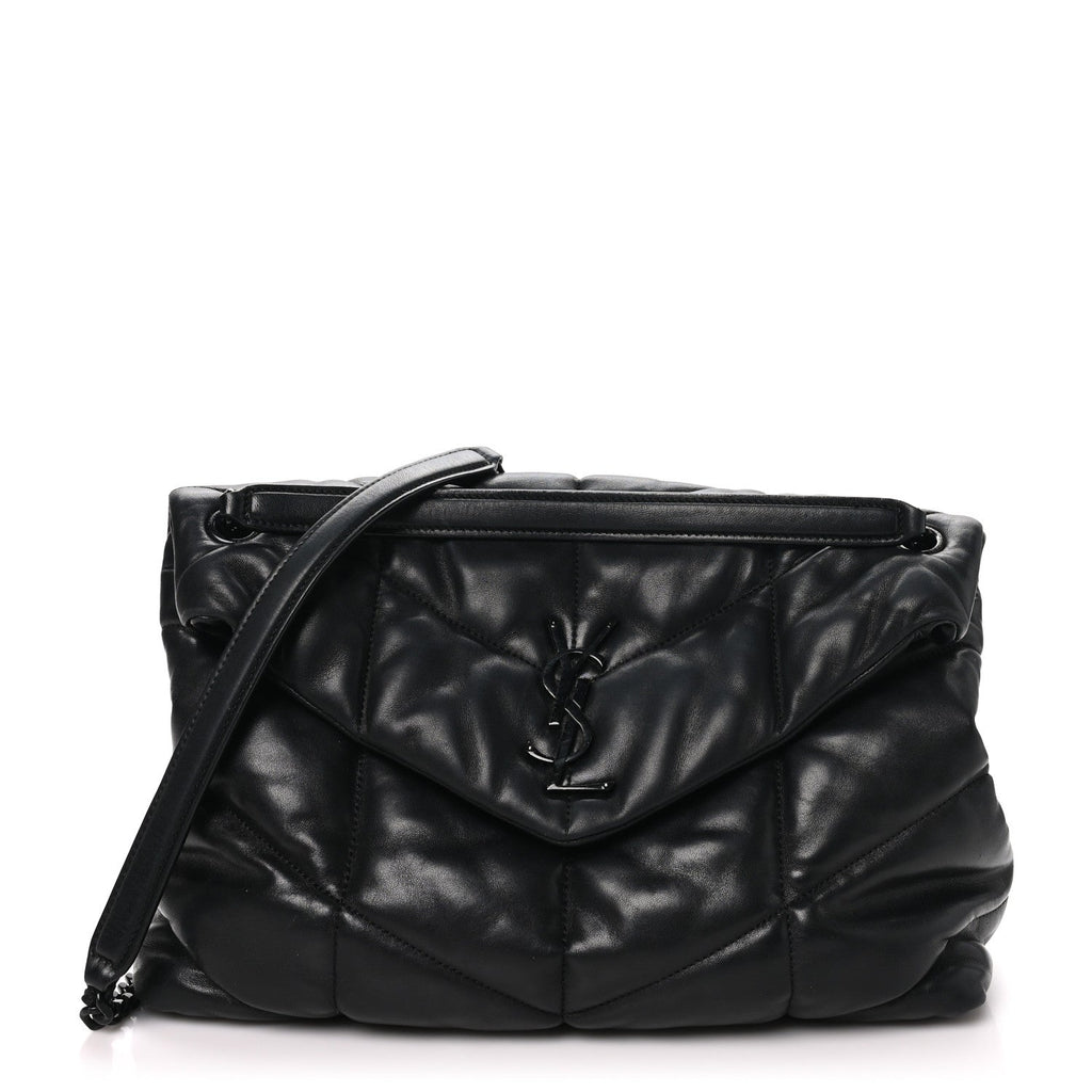 Lambskin Quilted Monogram Monochrome Medium Loulou Puffer Chain Satchel Black