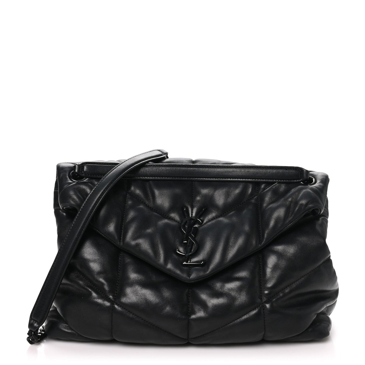 Lambskin Quilted Monogram Monochrome Medium Loulou Puffer Chain Satchel Black