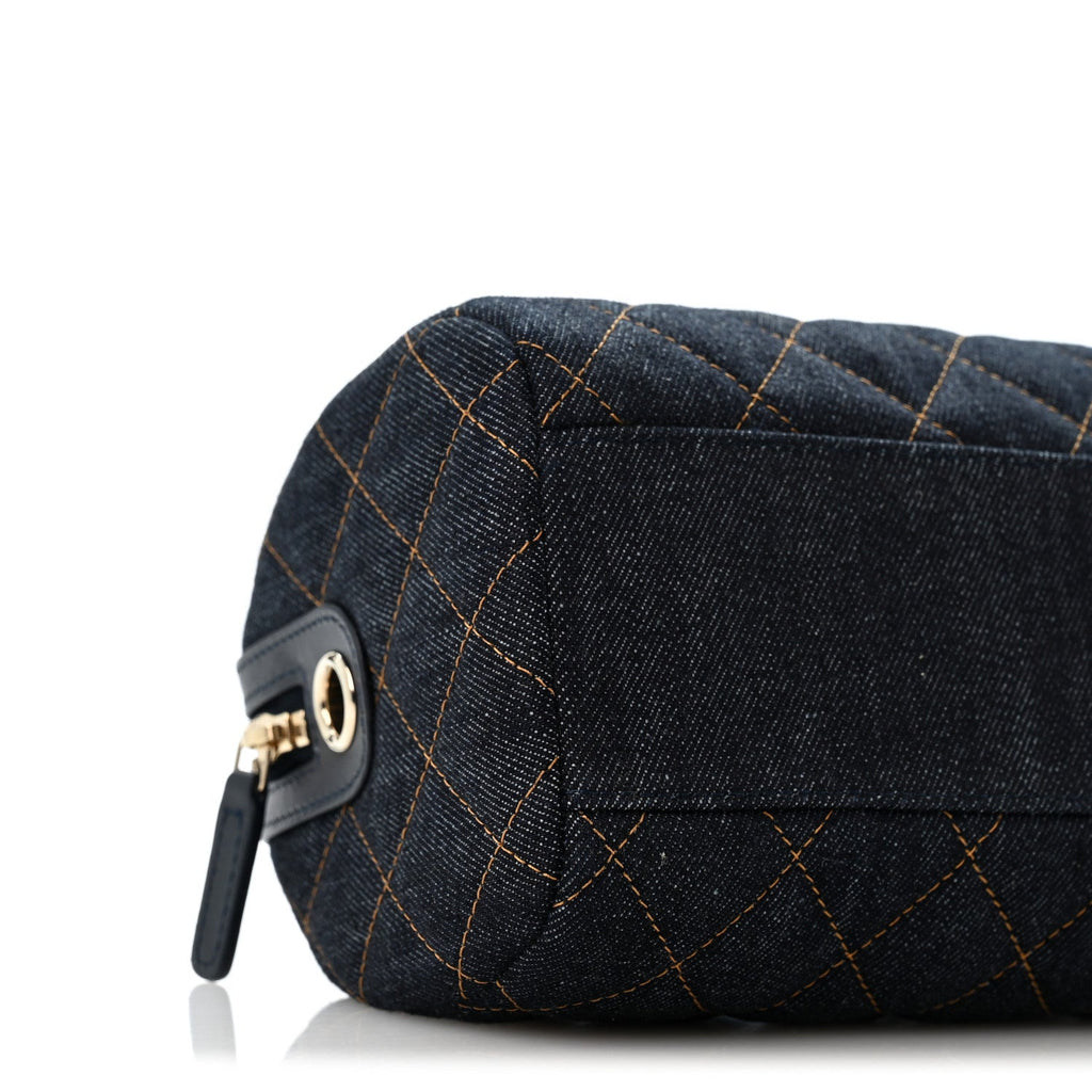 Denim Quilted Barrel Clutch With Chain Dark Blue Orange