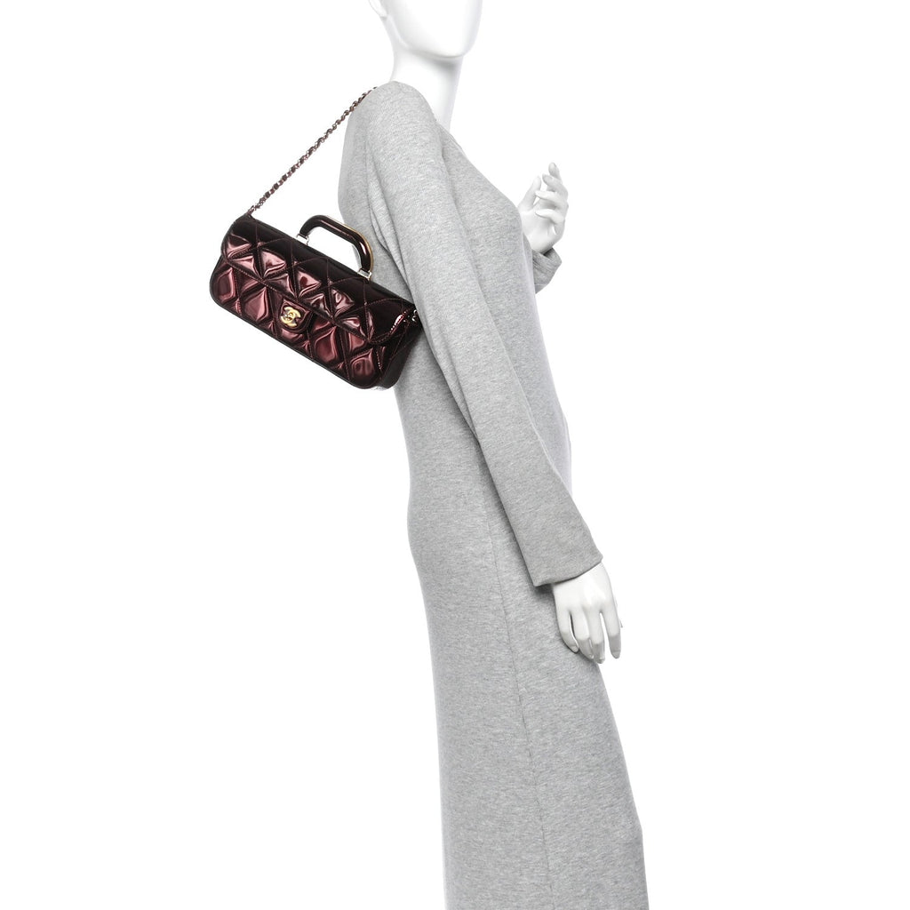 Metallic Mirror Calfskin Large Top Handle Clutch With Chain  Burgundy
