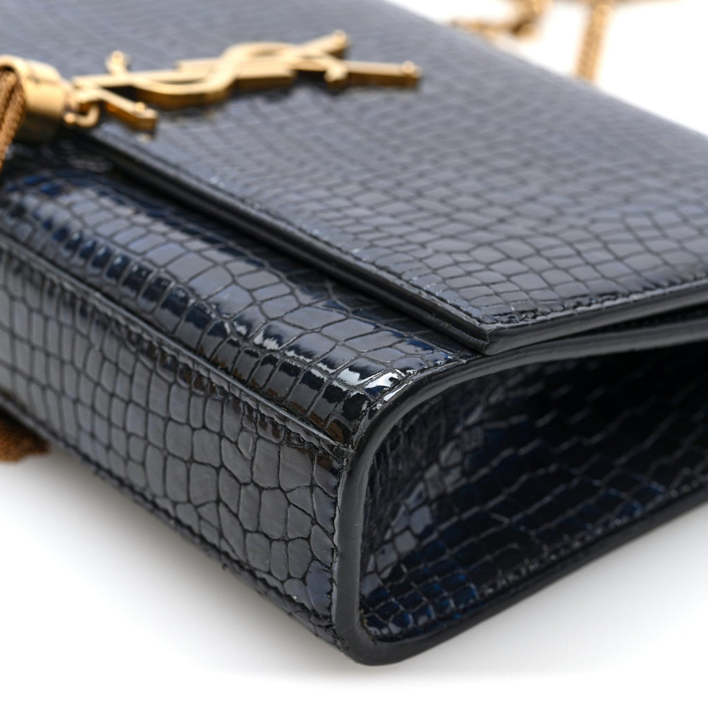Calfskin Crocodile Embossed Medium Classic Monogram Kate Tassel Satchel Black Blue