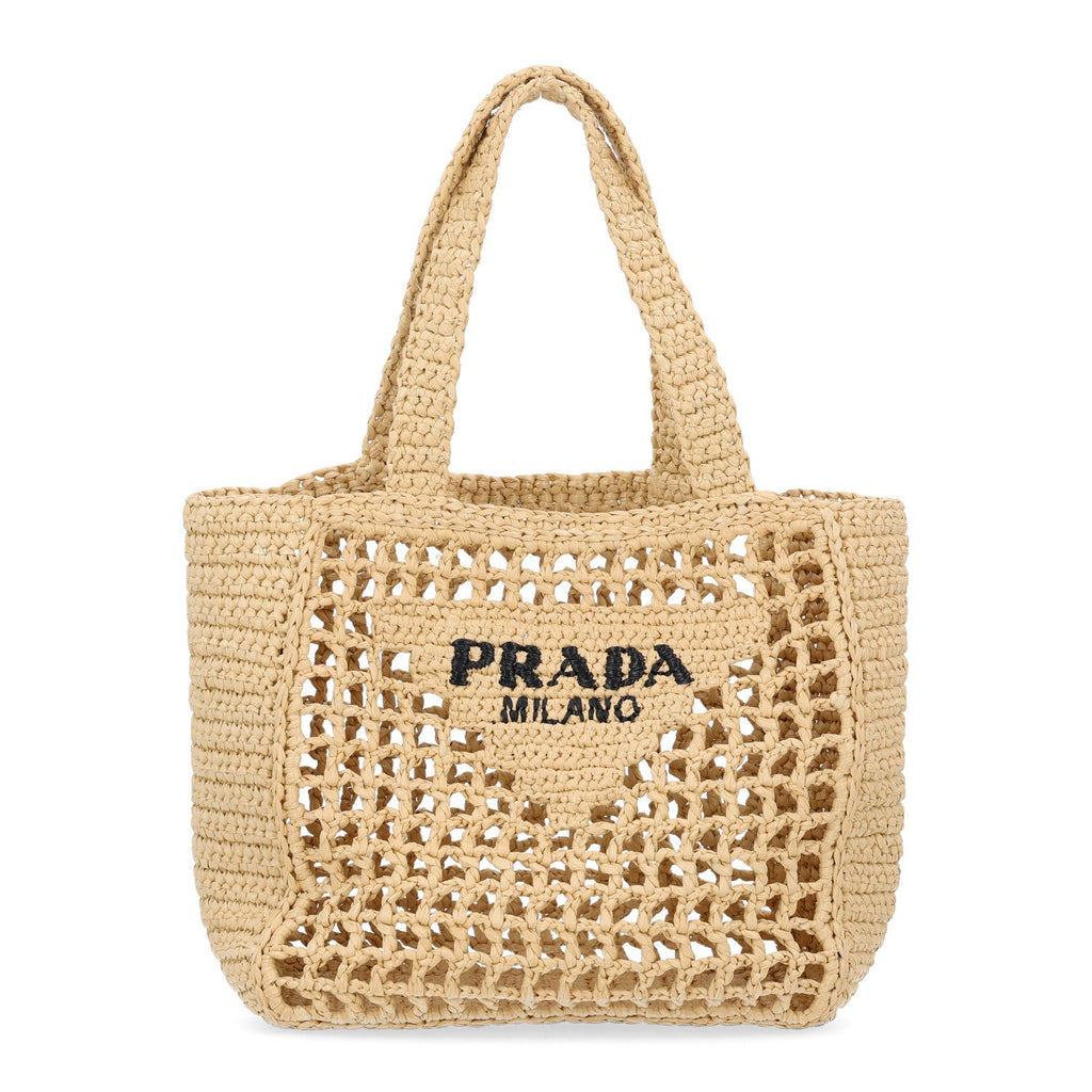 Yarn Raffia Effect Crochet Logo Embroidered Small Tote Bag Naturale