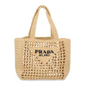 Yarn Raffia Effect Crochet Logo Embroidered Small Tote Bag Naturale