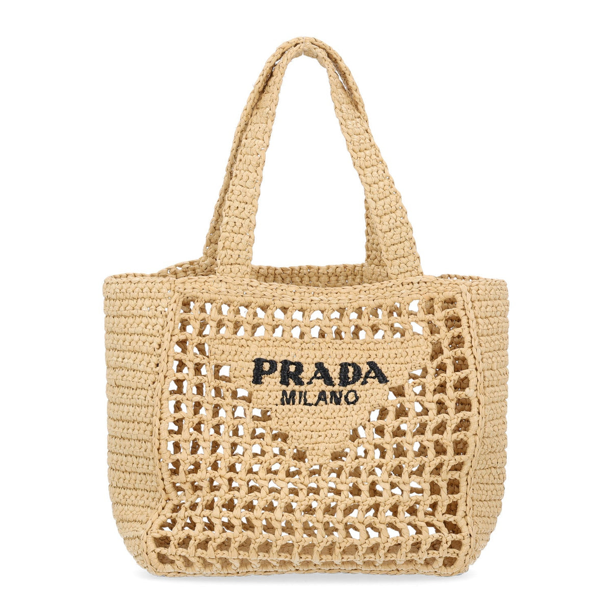 Yarn Raffia Effect Crochet Logo Embroidered Small Tote Bag Naturale