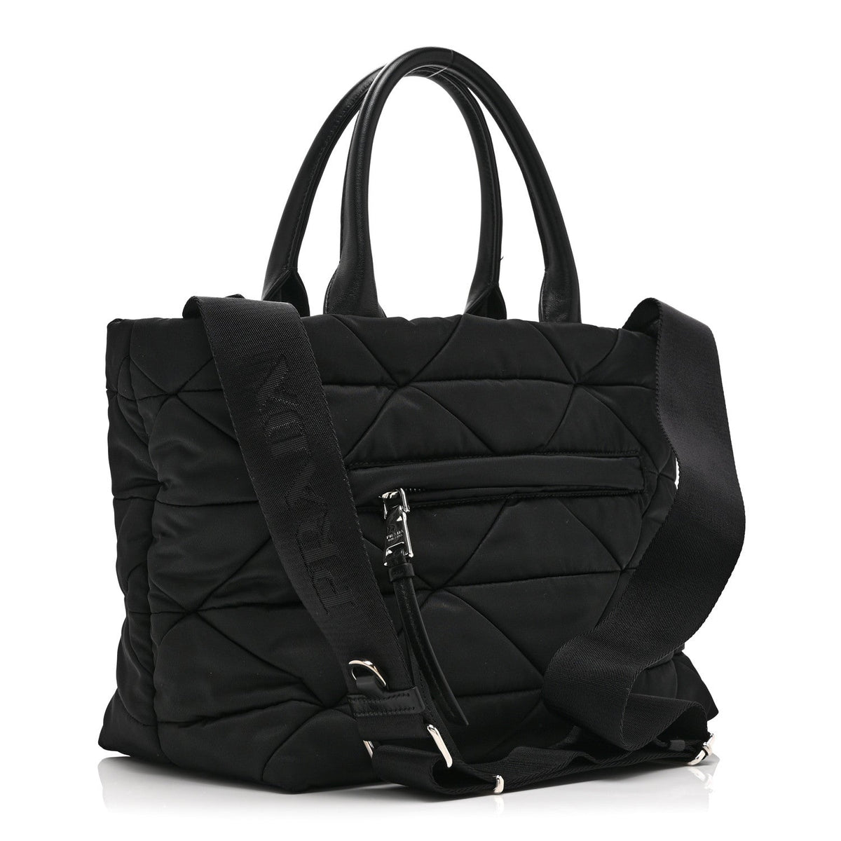 Re-Nylon Nappa Triangle Quilted Padded Small Double Handled Zip Tote Black