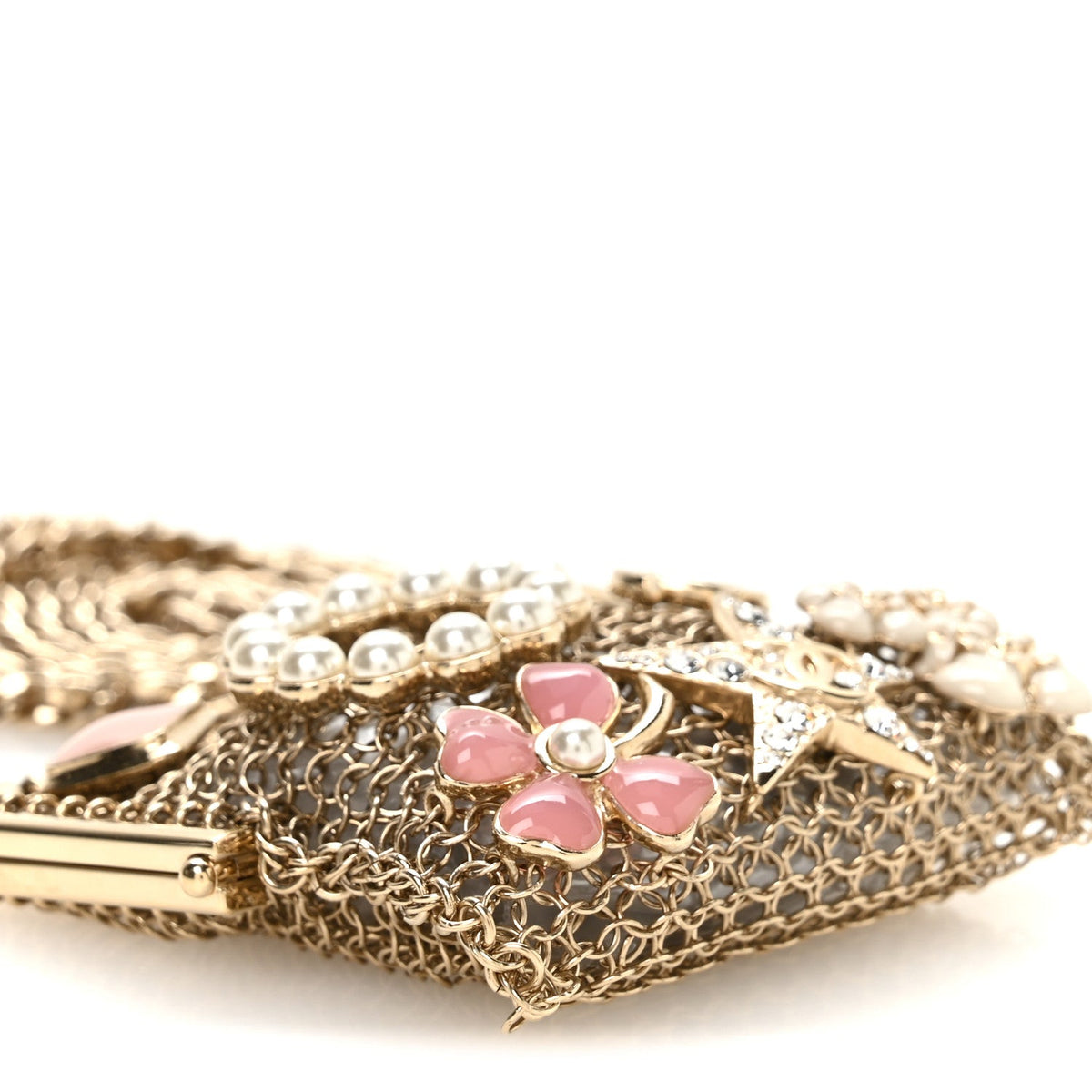 Metal Pearl Enamel Kiss Lock Chain Mail Charm Clutch Gold