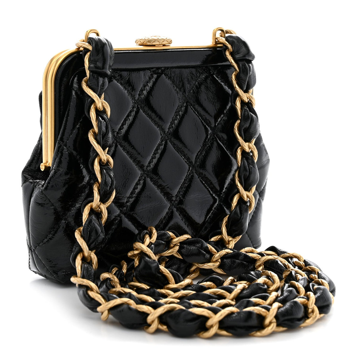 Patent Crumpled Lambskin Quilted Maxi Bow Clutch With Chain Black