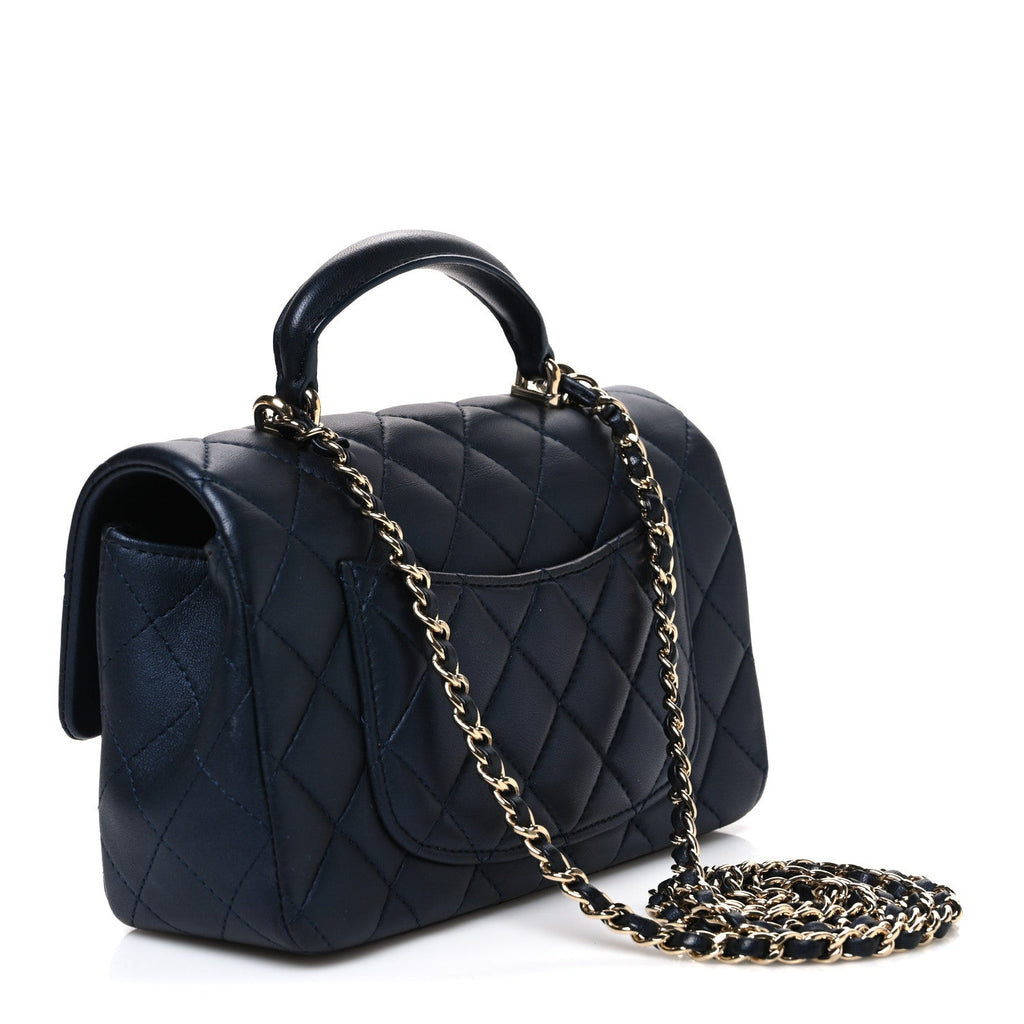 Iridescent Lambskin Quilted Mini Top Handle Rectangular Flap Dark Blue
