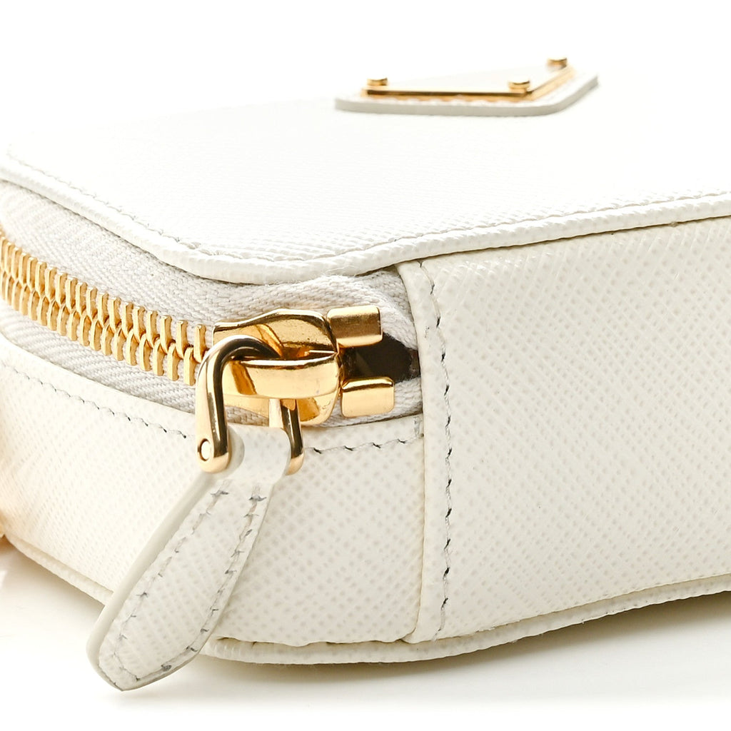 Saffiano Metal Triangle Logo Mini Pouch with Handle White