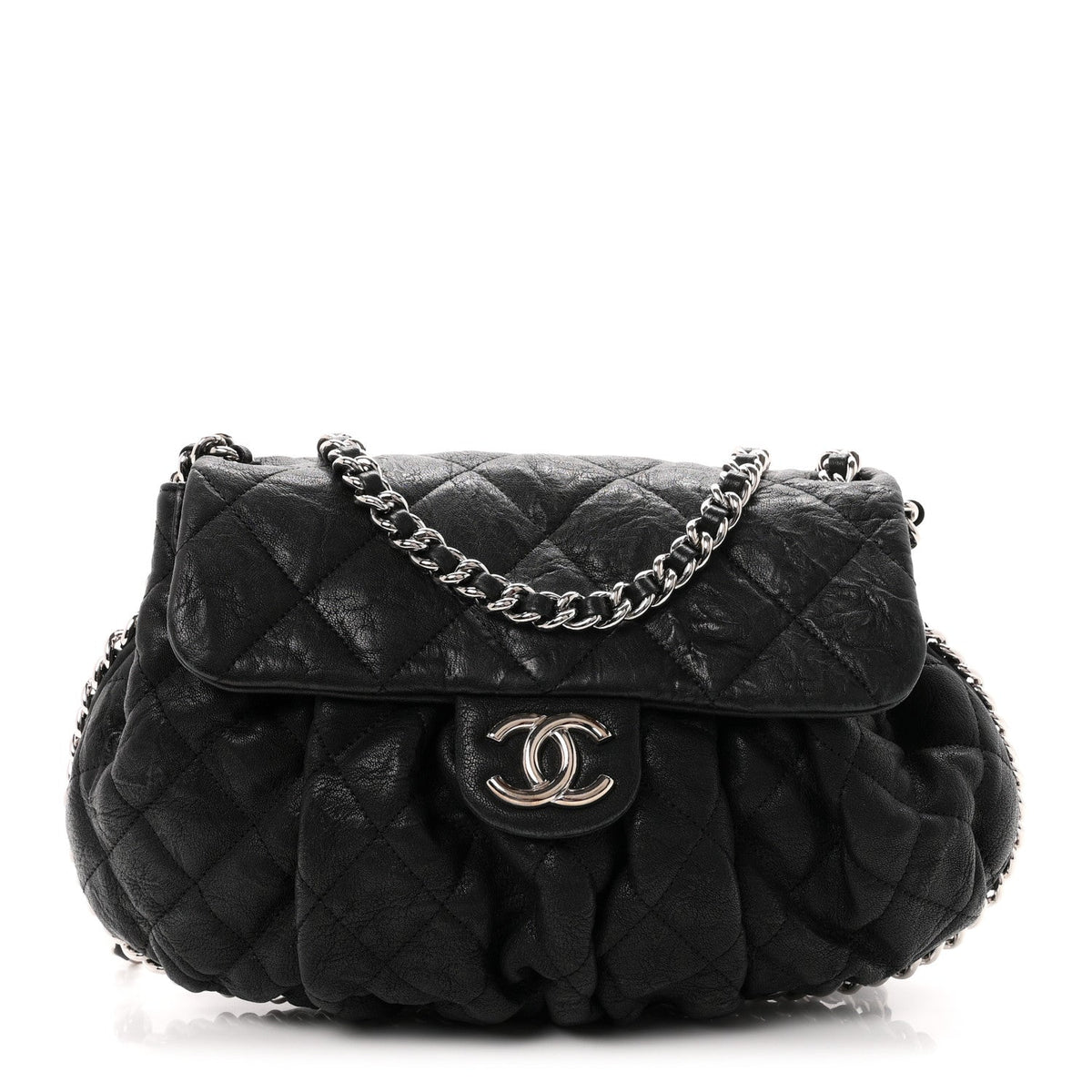 Washed Lambskin Quilted Medium Chain Around Messenger Black