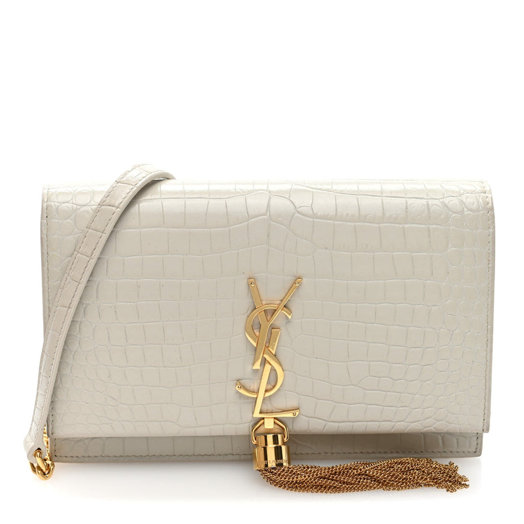 Calfskin Crocodile Embossed Kate Monogram Tassel Chain Wallet Crema Soft