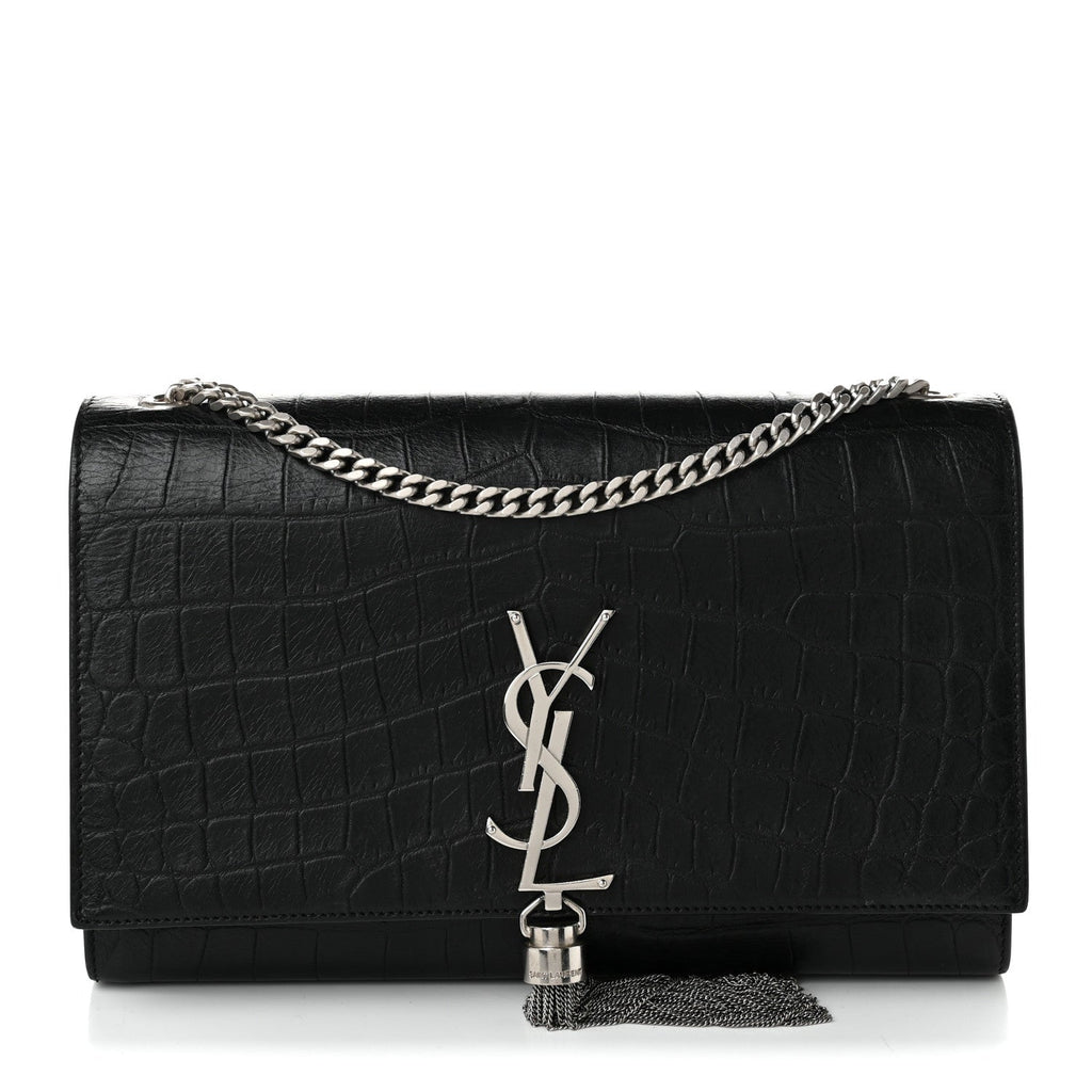 Calfskin Crocodile Embossed Medium Classic Monogram Kate Tassel Satchel Black