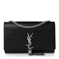 Calfskin Crocodile Embossed Medium Classic Monogram Kate Tassel Satchel Black