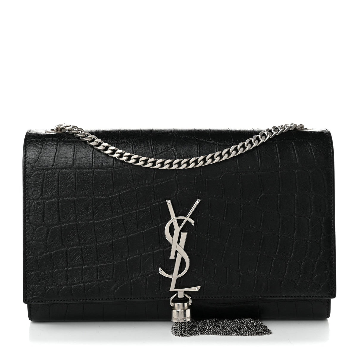 Calfskin Crocodile Embossed Medium Classic Monogram Kate Tassel Satchel Black