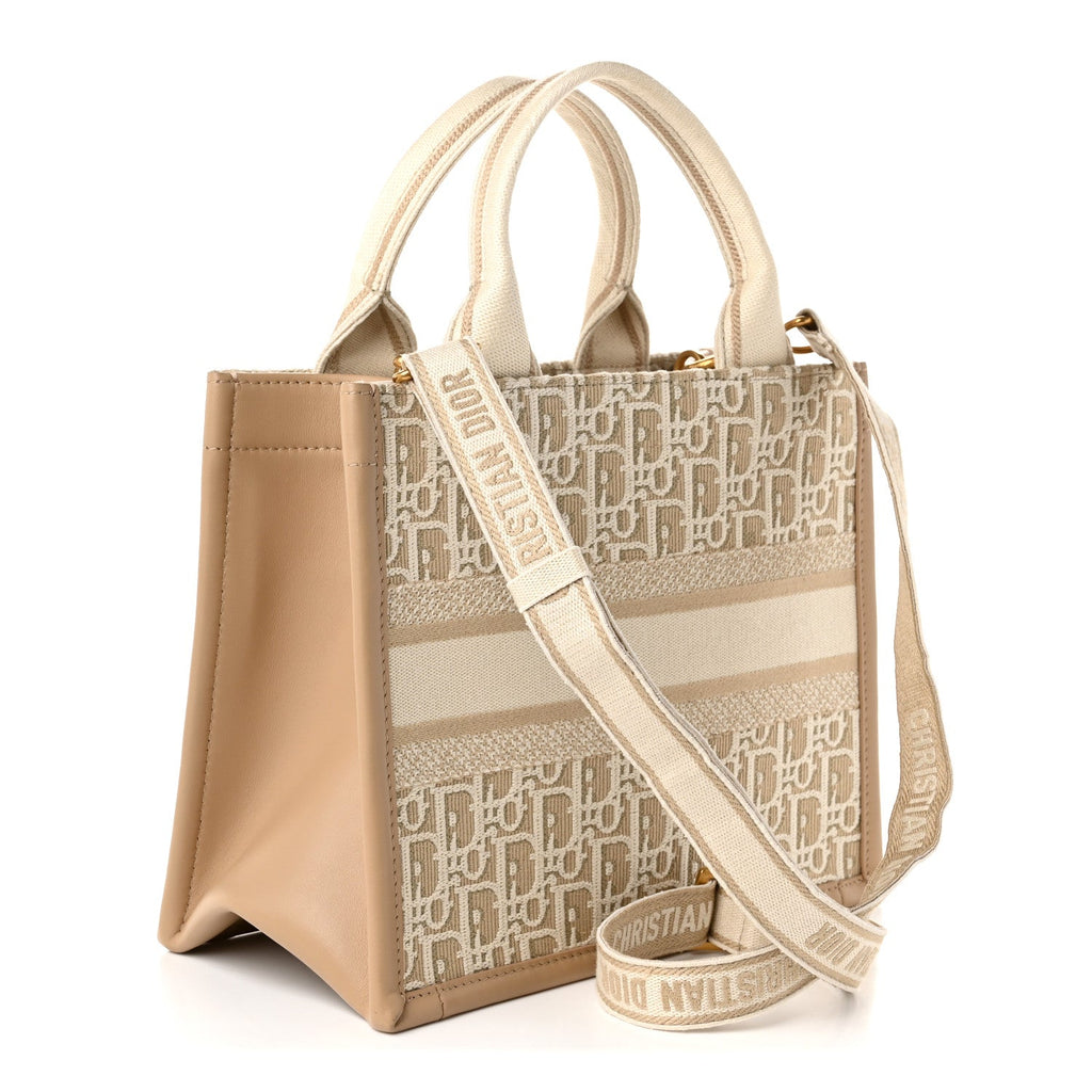Oblique Chambray Calfskin Small Book Tote With Strap Gold Natural