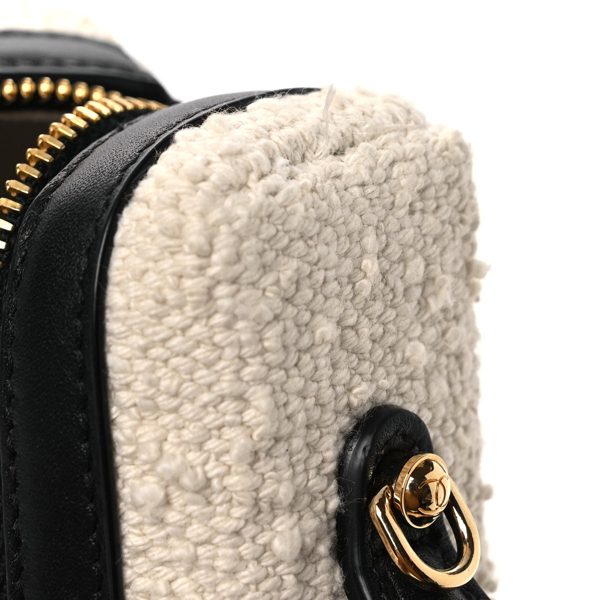 Boucle Calfskin Top Handle Slim Vanity Case With Chain Ecru Black