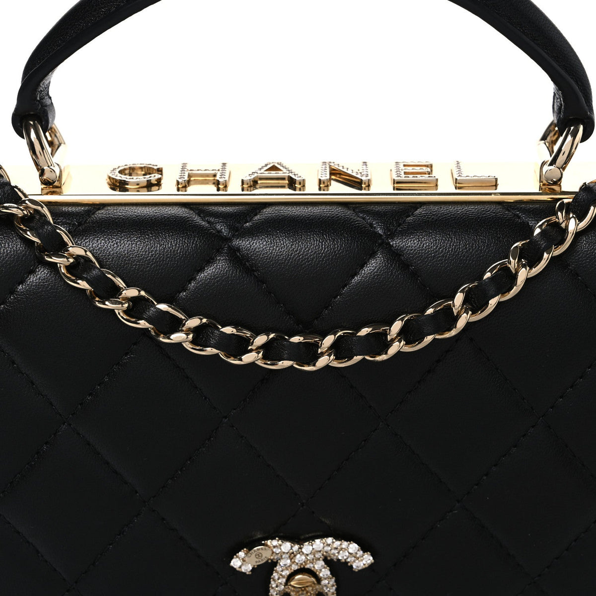 Lambskin Crystal Quilted Trendy CC Top Handle WOC Flap Bag Black