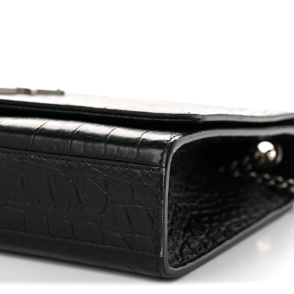 Calfskin Crocodile Embossed Medium Classic Monogram Kate Tassel Satchel Black