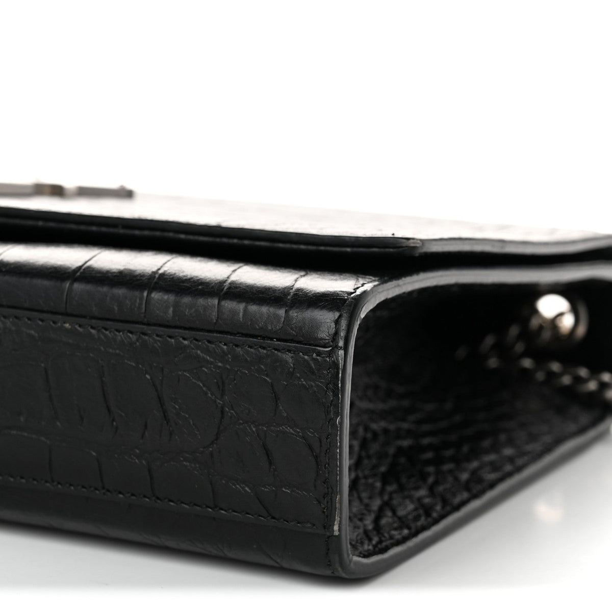 Calfskin Crocodile Embossed Medium Classic Monogram Kate Tassel Satchel Black