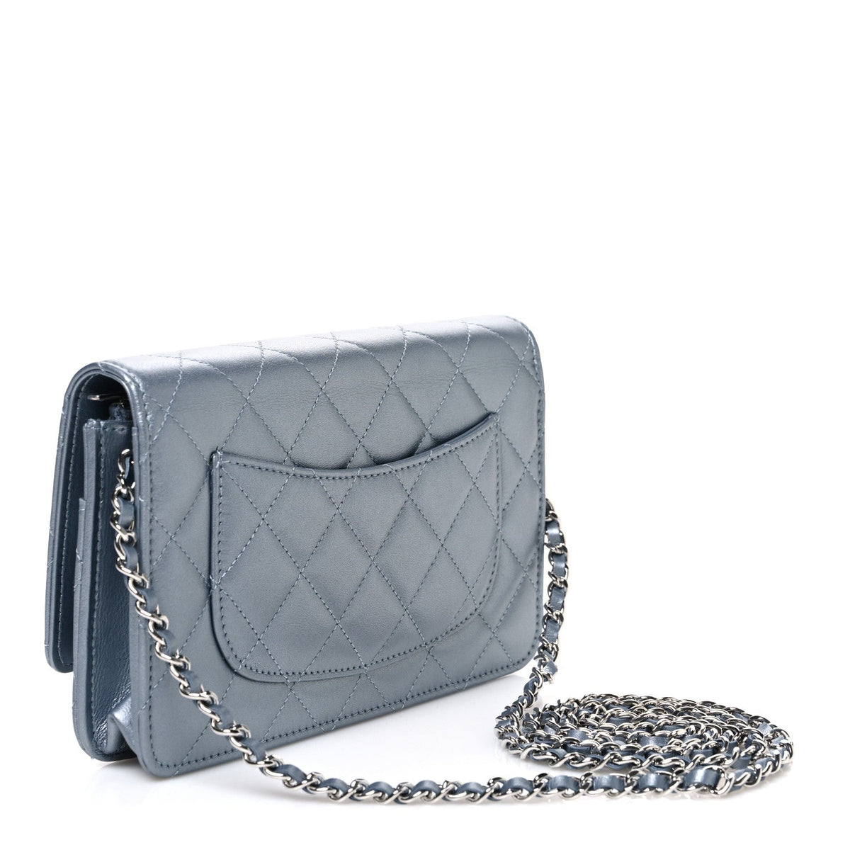 Metallic Lambskin Quilted Wallet On Chain WOC Silver