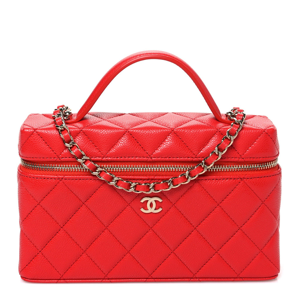 Caviar Quilted Top Handle Slim Vanity With Chain Red