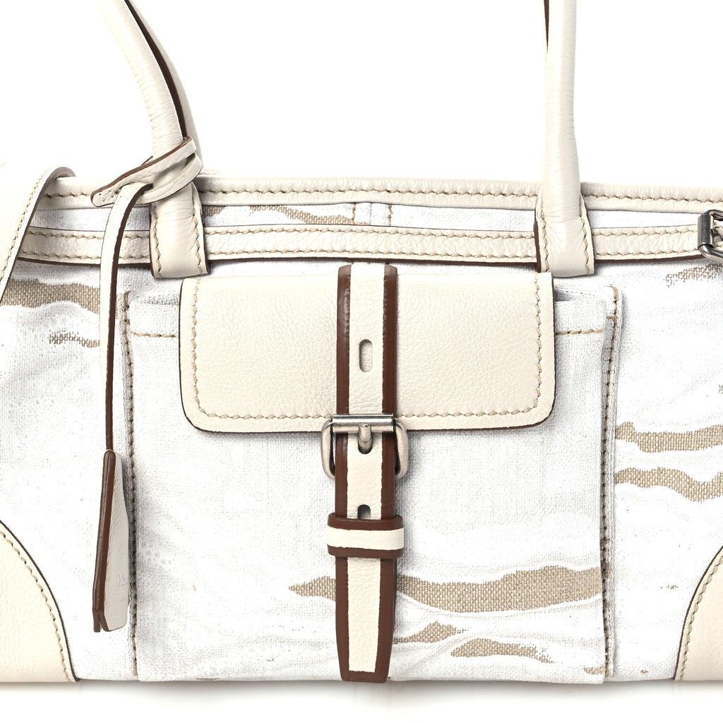 Linen Calfskin Printed Medium Bonnie Shoulder Bag White