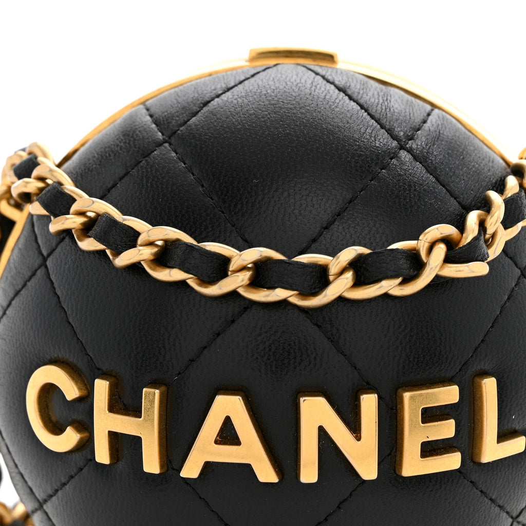 Lambskin Quilted Sphere Minaudiere Chain Clutch Black