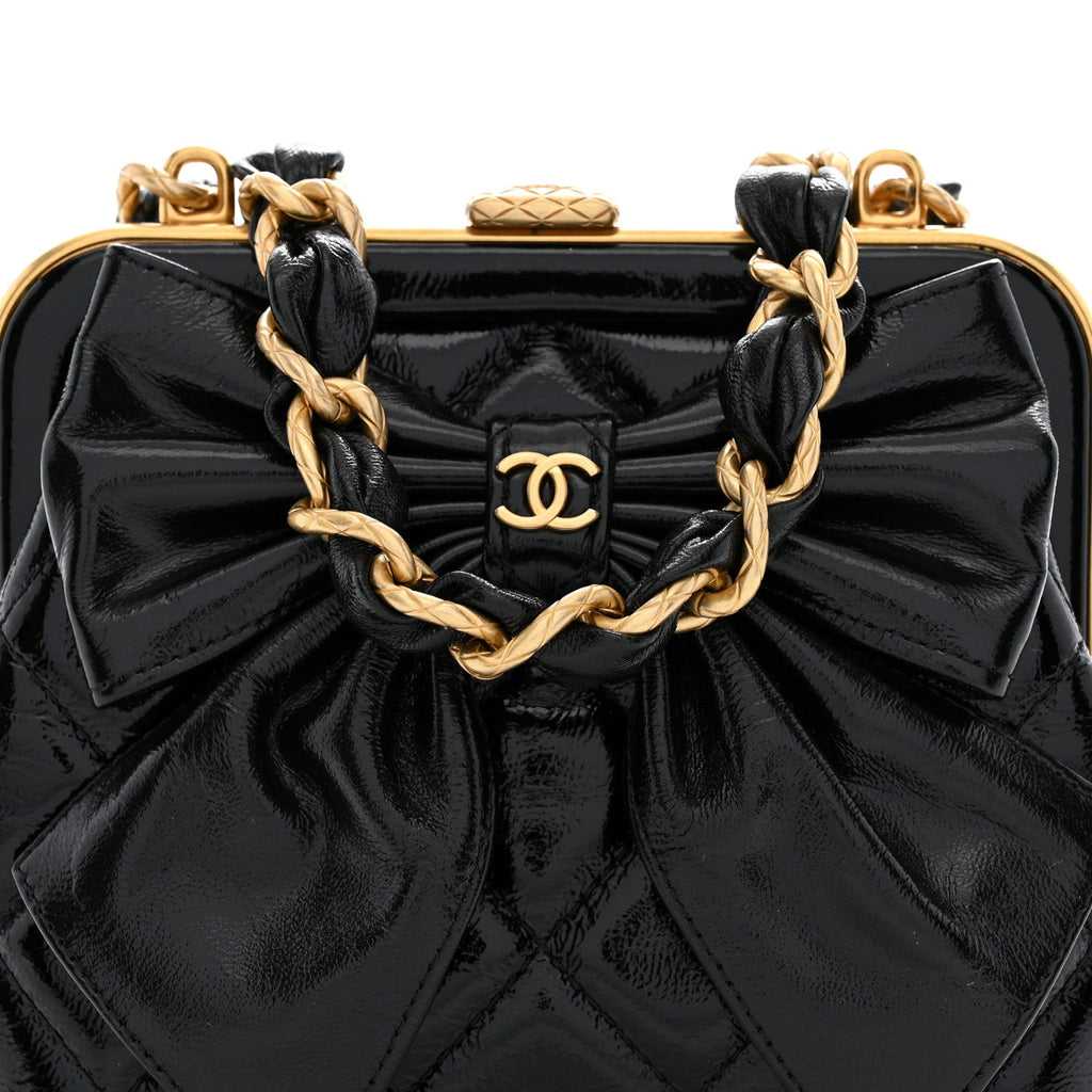 Patent Crumpled Lambskin Quilted Maxi Bow Clutch With Chain Black