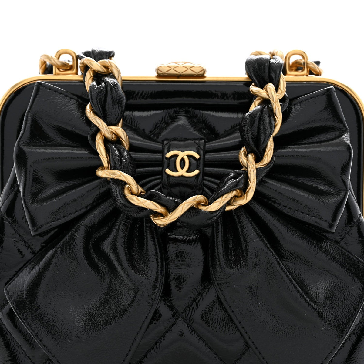 Patent Crumpled Lambskin Quilted Maxi Bow Clutch With Chain Black
