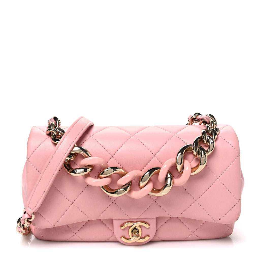 Lambskin Quilted Resin Bi-Color Chain Flap Bag Pink