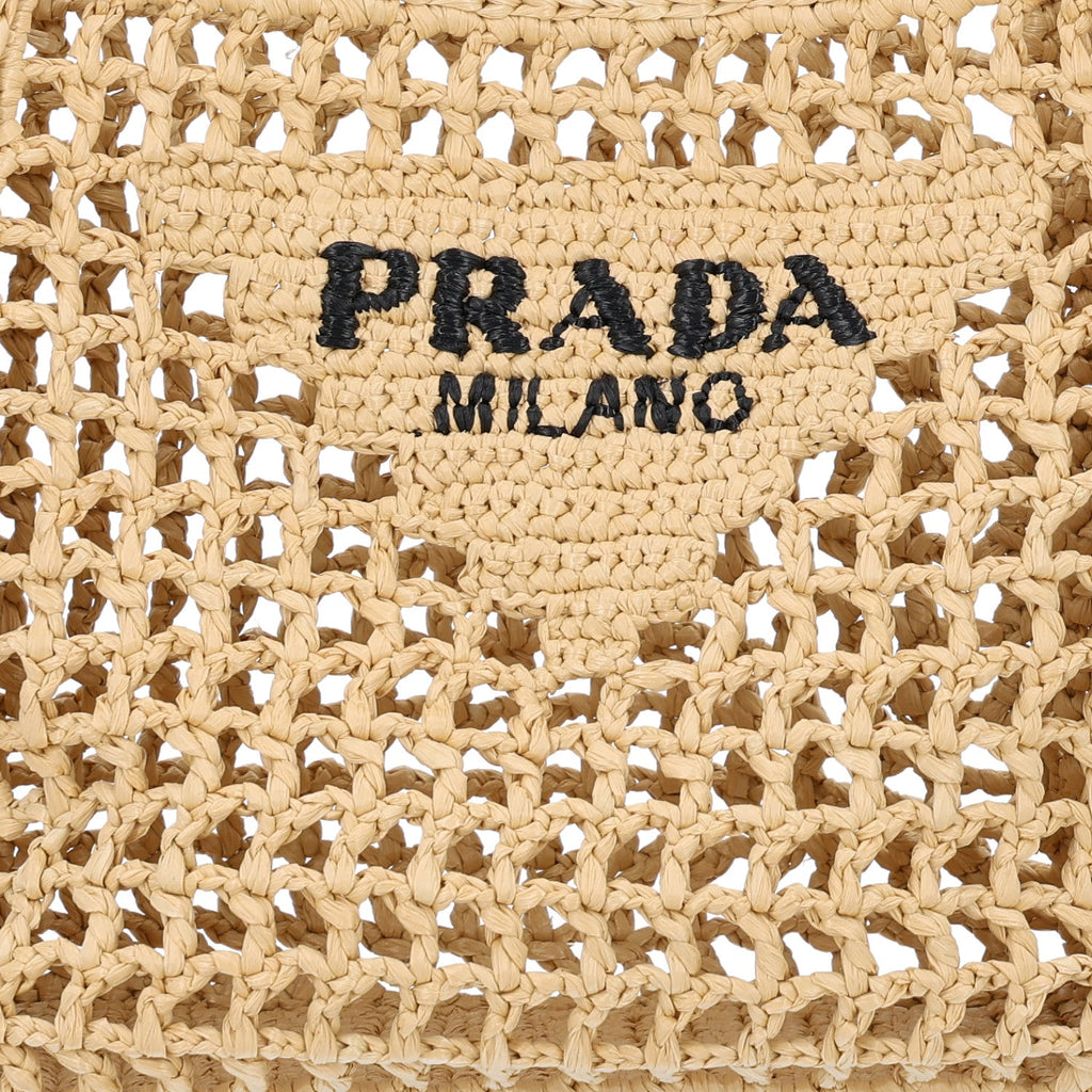 Yarn Raffia Effect Crochet Logo Embroidered Small Tote Bag Naturale
