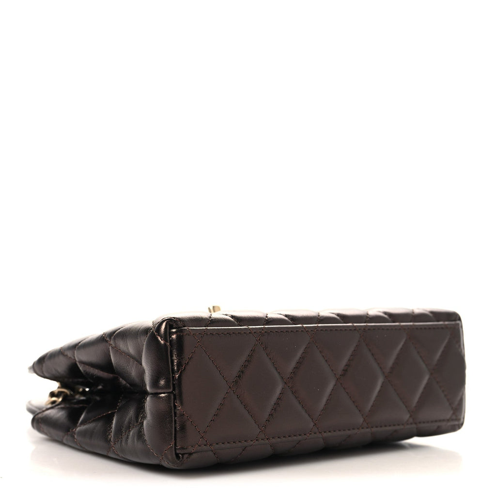 Metallic Aged Calfskin Quilted Nano Kelly Shopper Dark Brown