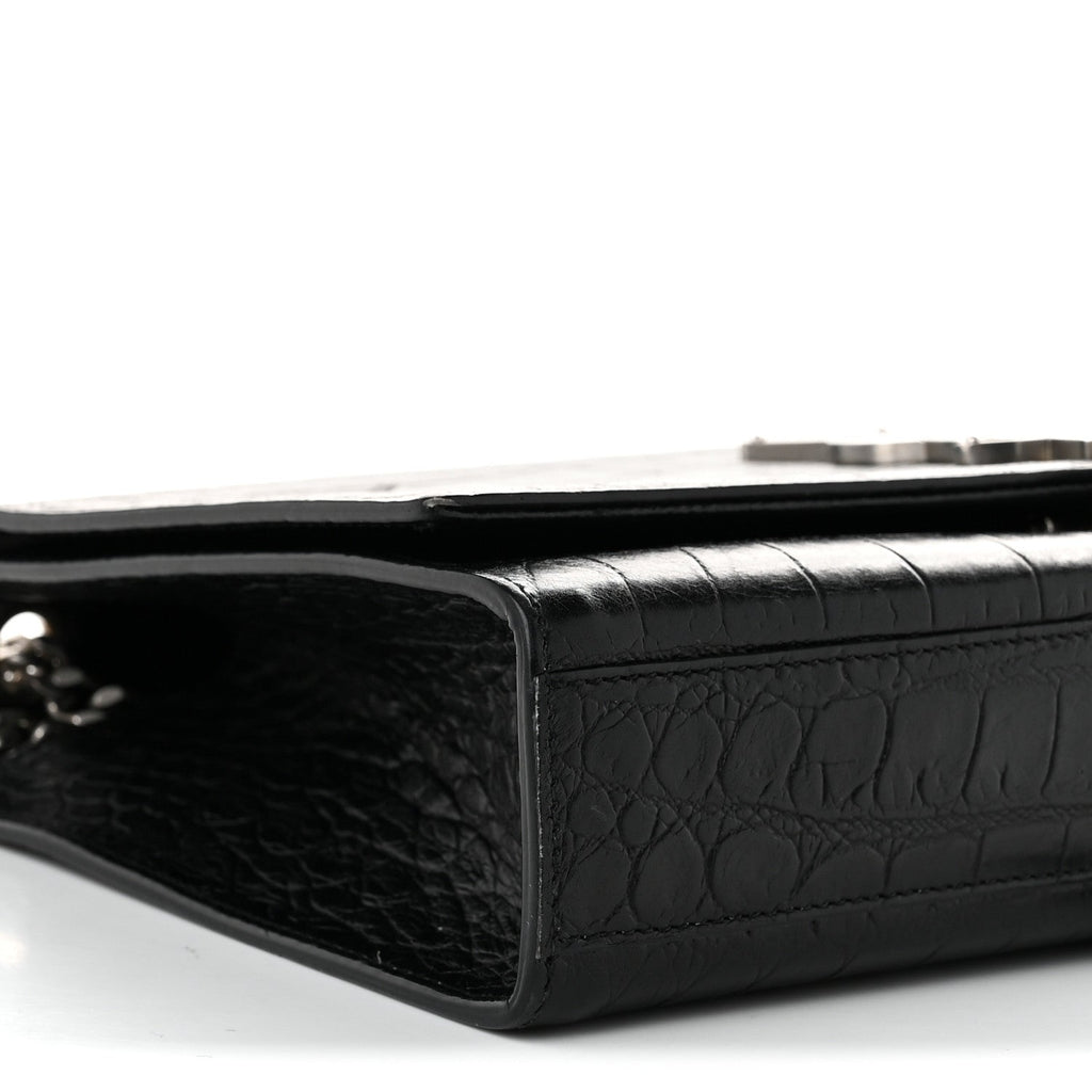 Calfskin Crocodile Embossed Medium Classic Monogram Kate Tassel Satchel Black