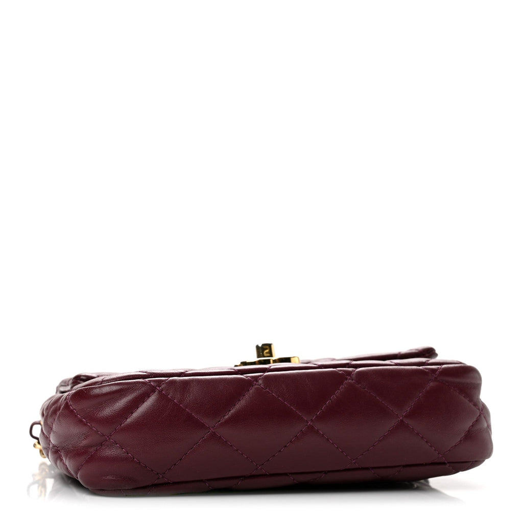 Shiny Lambskin Quilted Golden Links Top Handle Flap Dark Purple