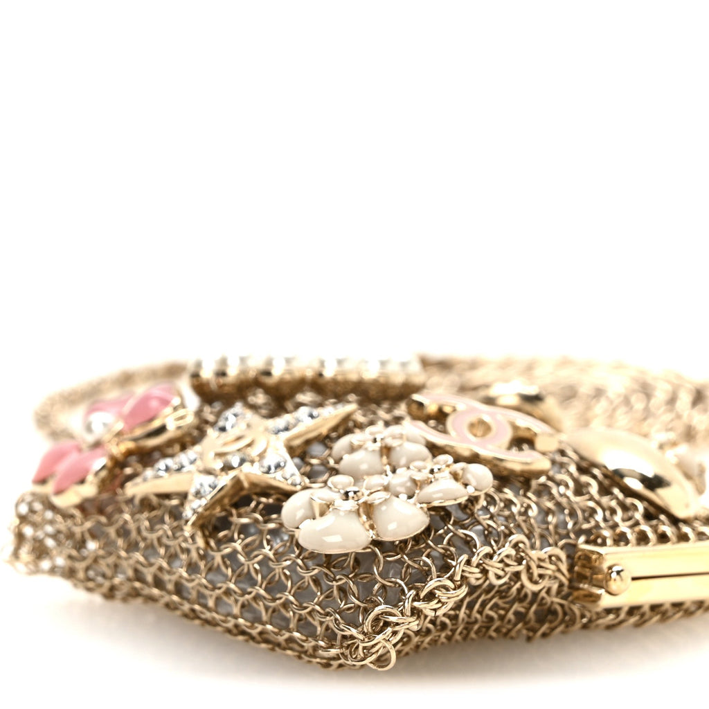 Metal Pearl Enamel Kiss Lock Chain Mail Charm Clutch Gold