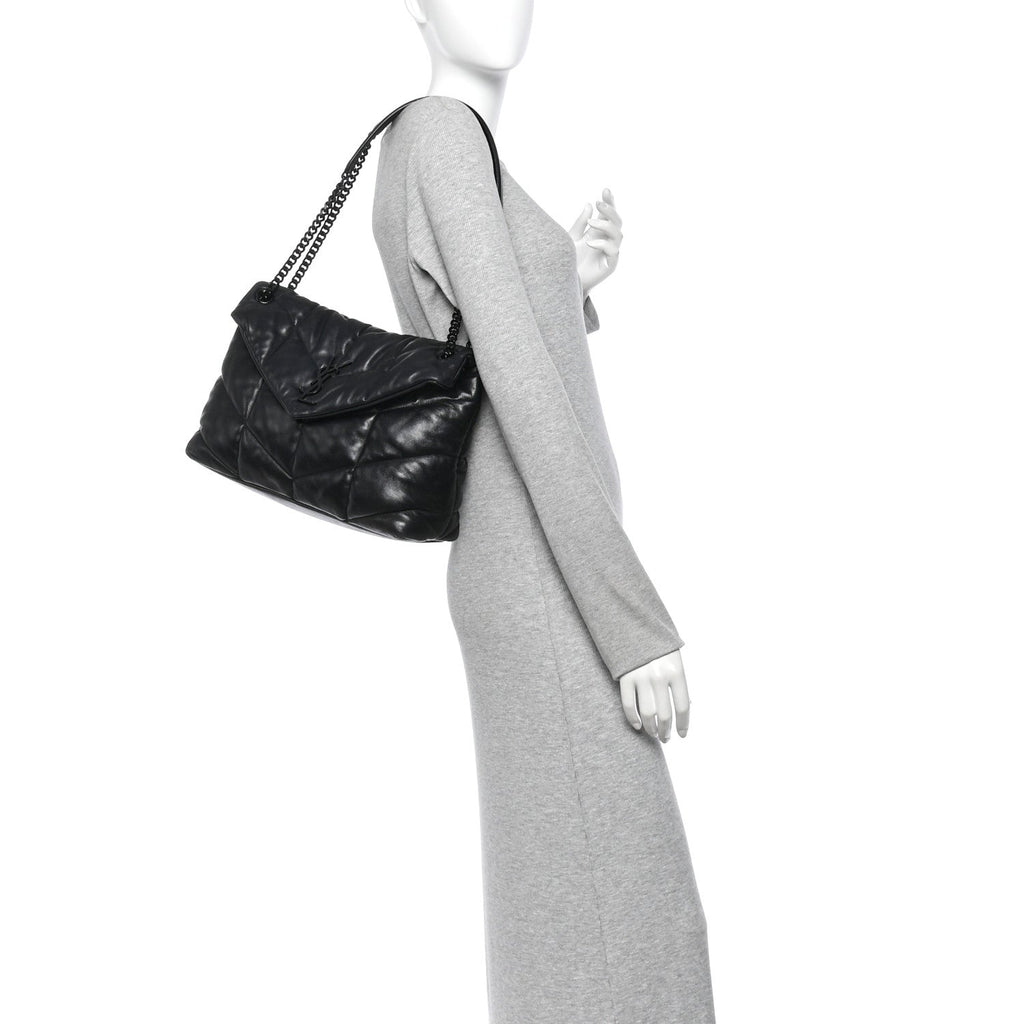 Lambskin Quilted Monogram Monochrome Medium Loulou Puffer Chain Satchel Black
