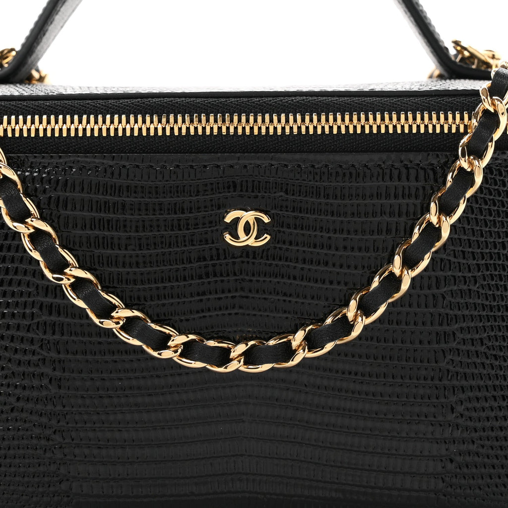 Calfskin Lizard Embossed Top Handle Vanity With Chain Black