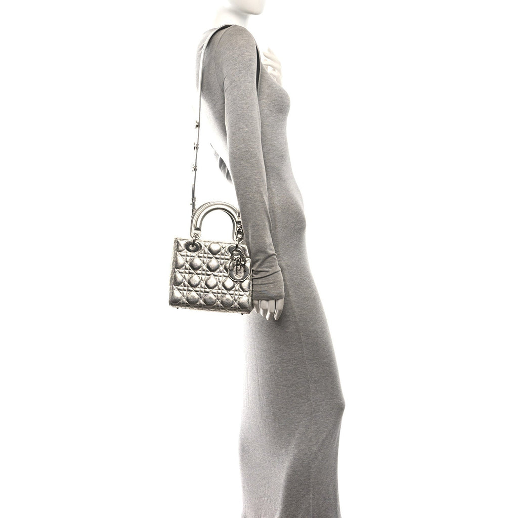 Metallic Grained Calfskin Cannage Small Lucky Badges My Lady Dior Silver