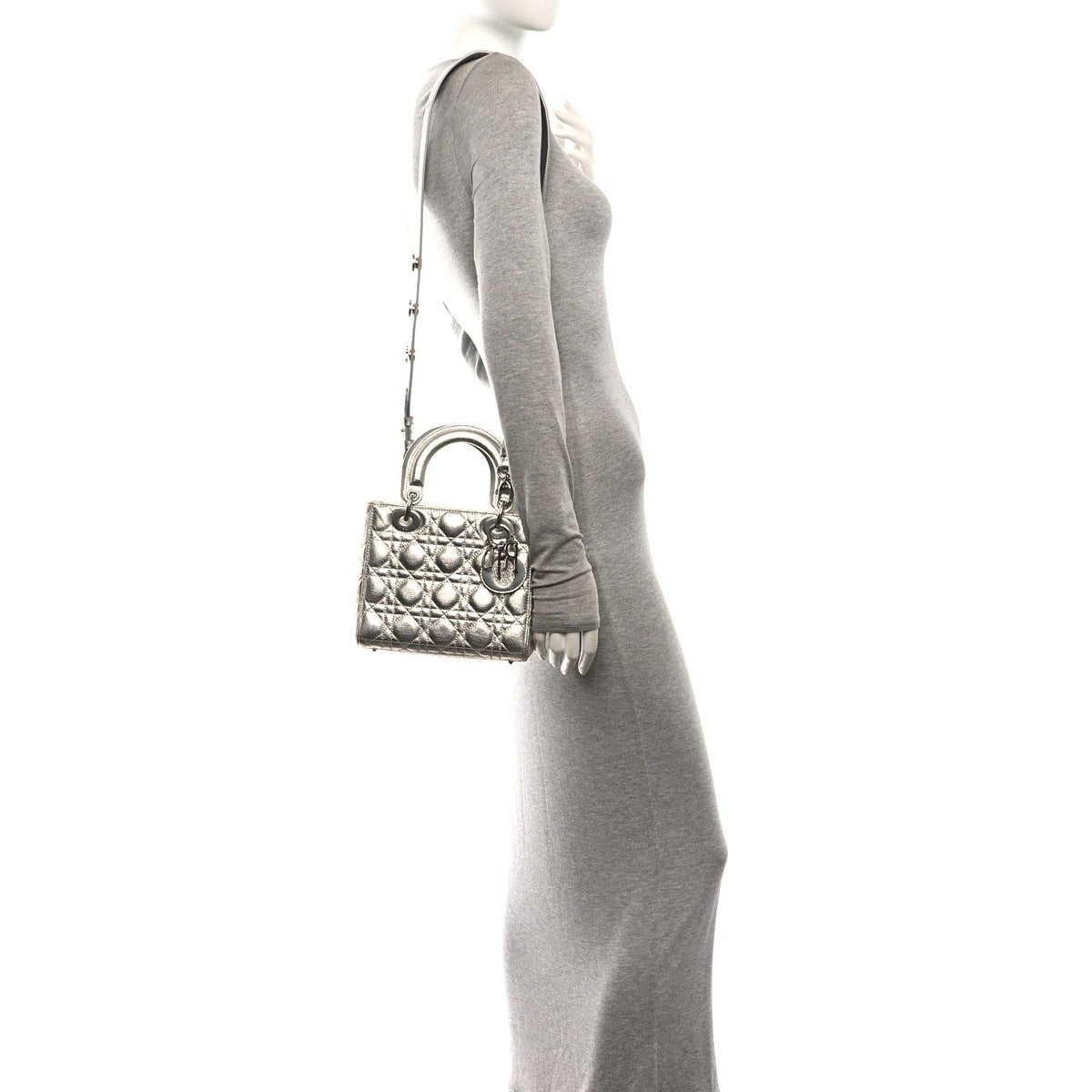 Metallic Grained Calfskin Cannage Small Lucky Badges My Lady Dior Silver