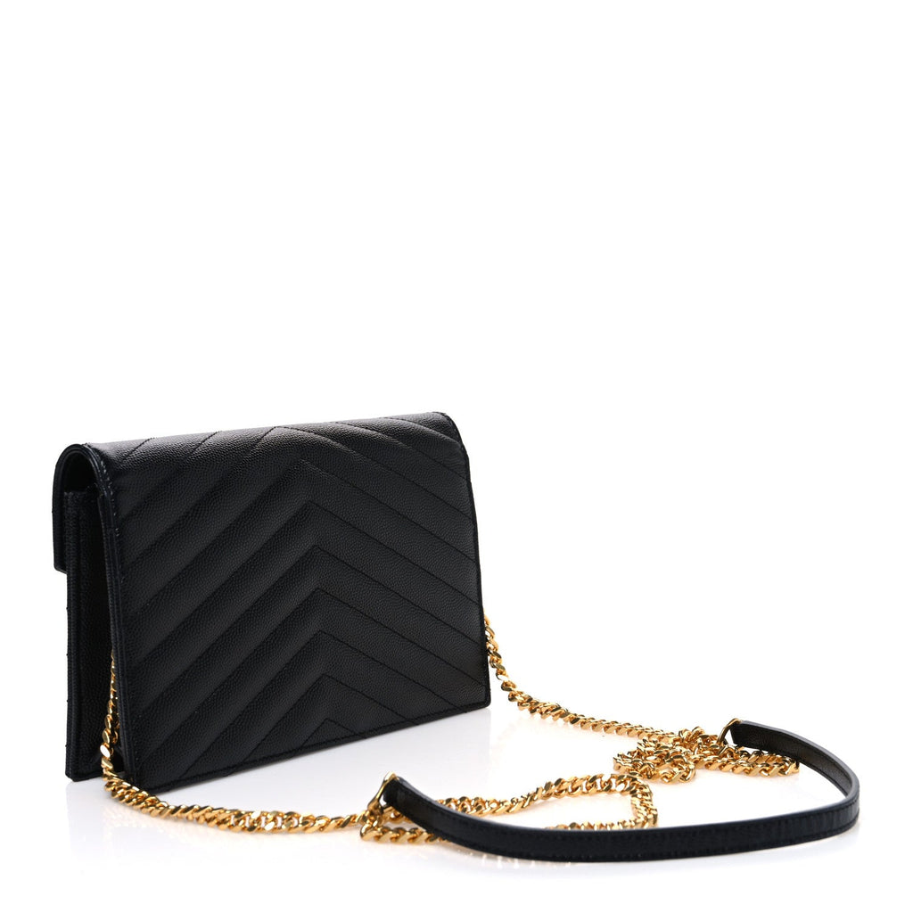 Grain De Poudre Matelasse Chevron Monogram Envelope Chain Wallet Black