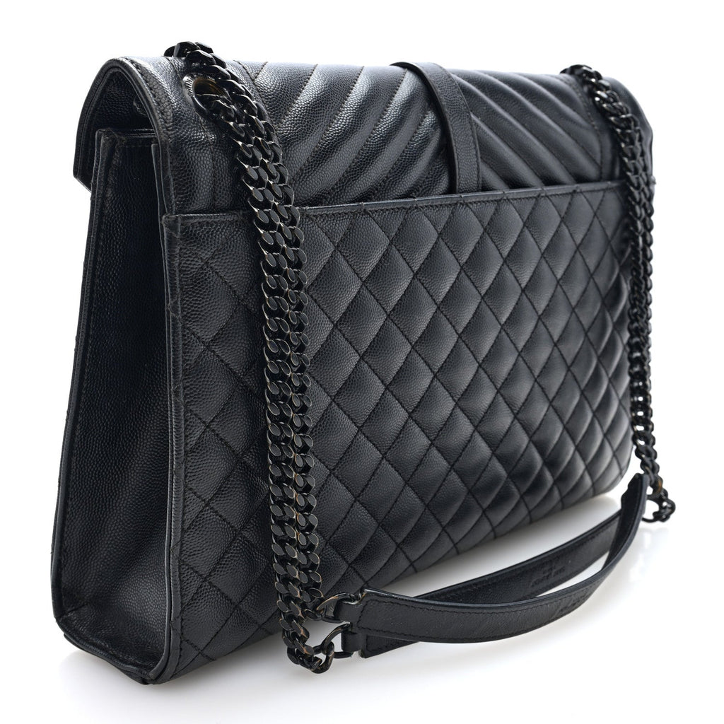 Grain De Poudre Textured Mixed Matelasse Large Triquilt Monogram Monochrome Satchel Black
