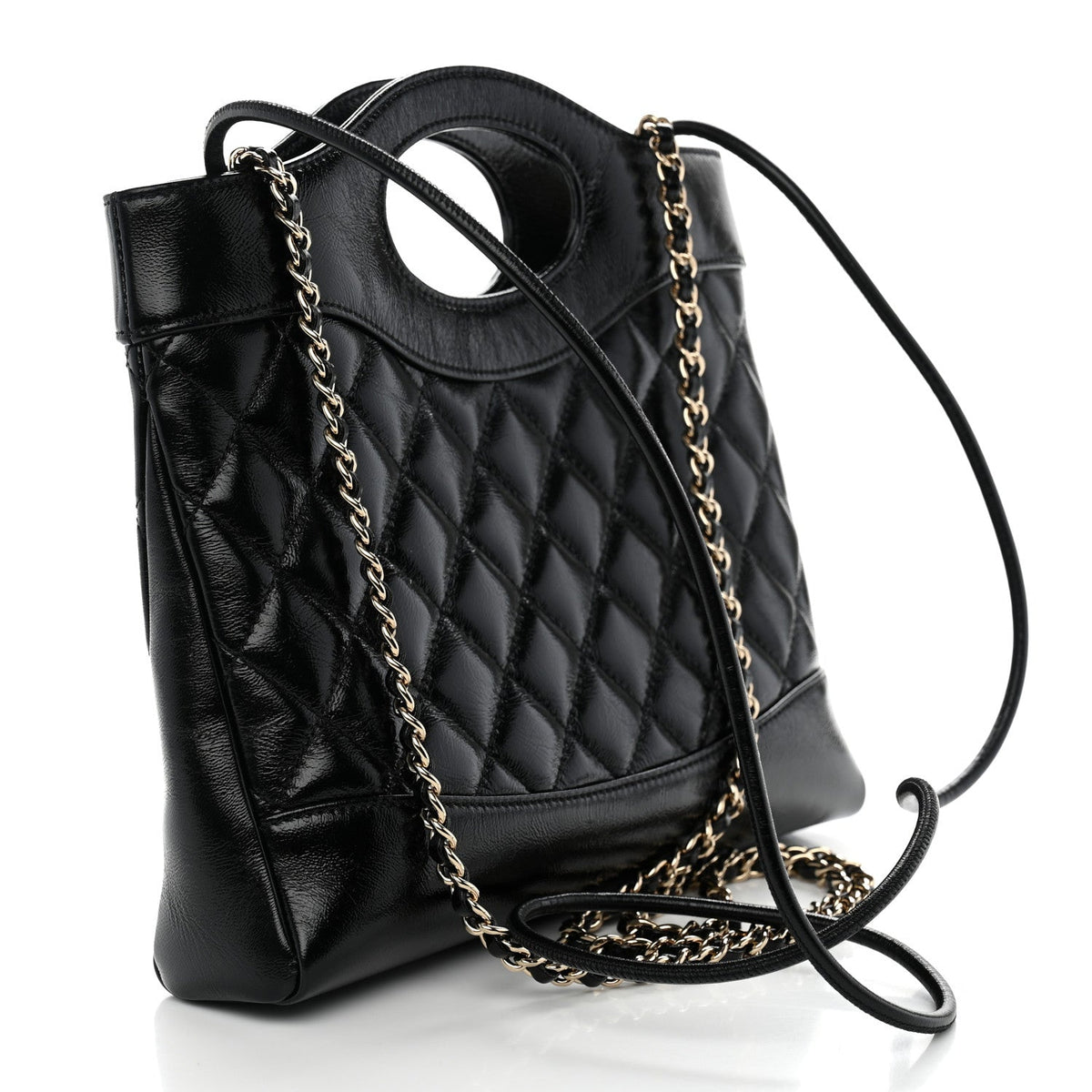 Shiny Crumpled Calfskin Quilted Mini 31 Shopping Bag Black