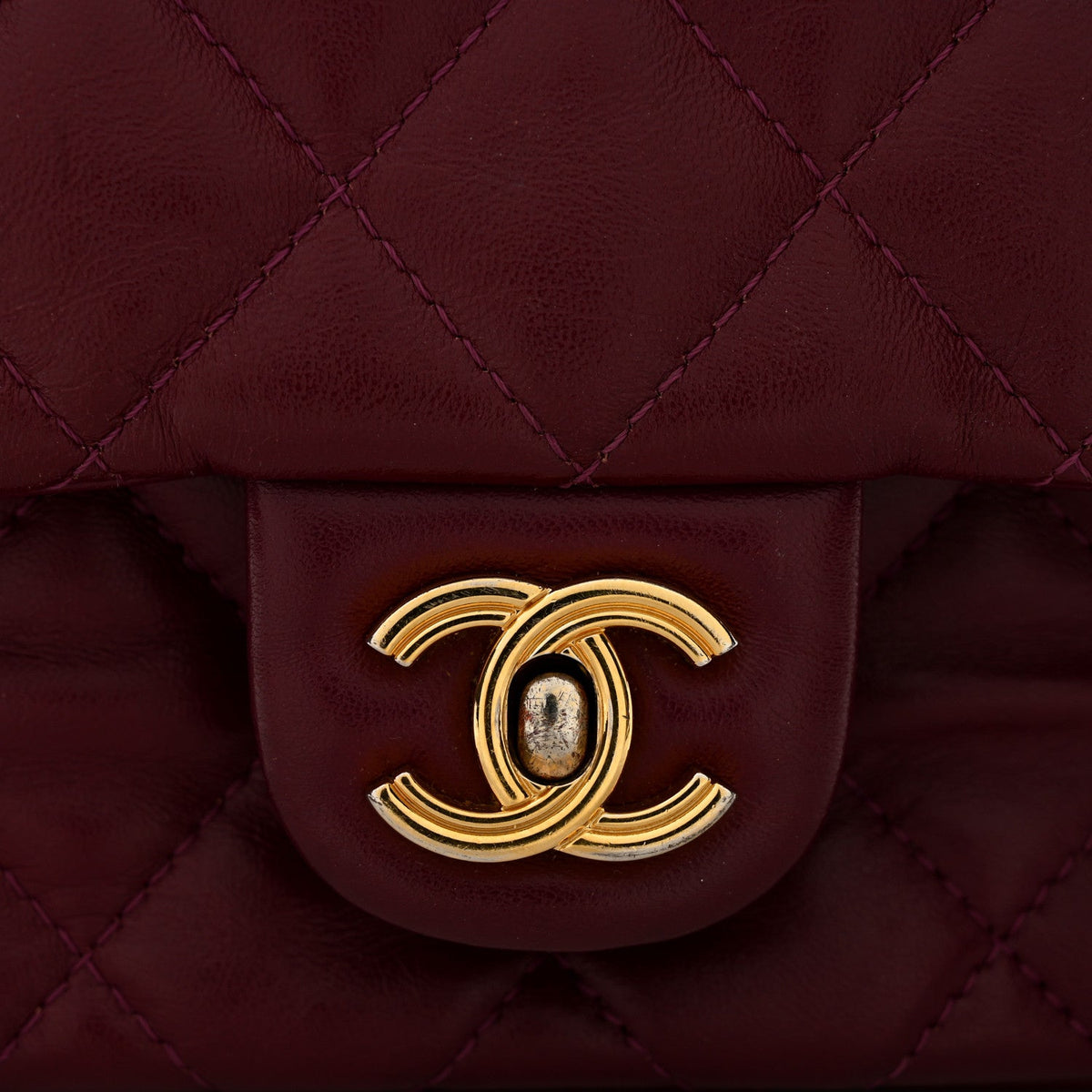 Shiny Lambskin Quilted Golden Links Top Handle Flap Dark Purple