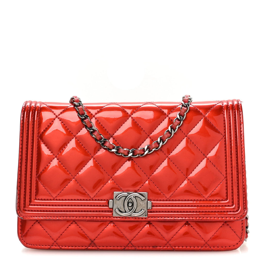 Metallic Patent Calfskin Quilted Boy Wallet On Chain WOC Red