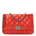Metallic Patent Calfskin Quilted Boy Wallet On Chain WOC Red